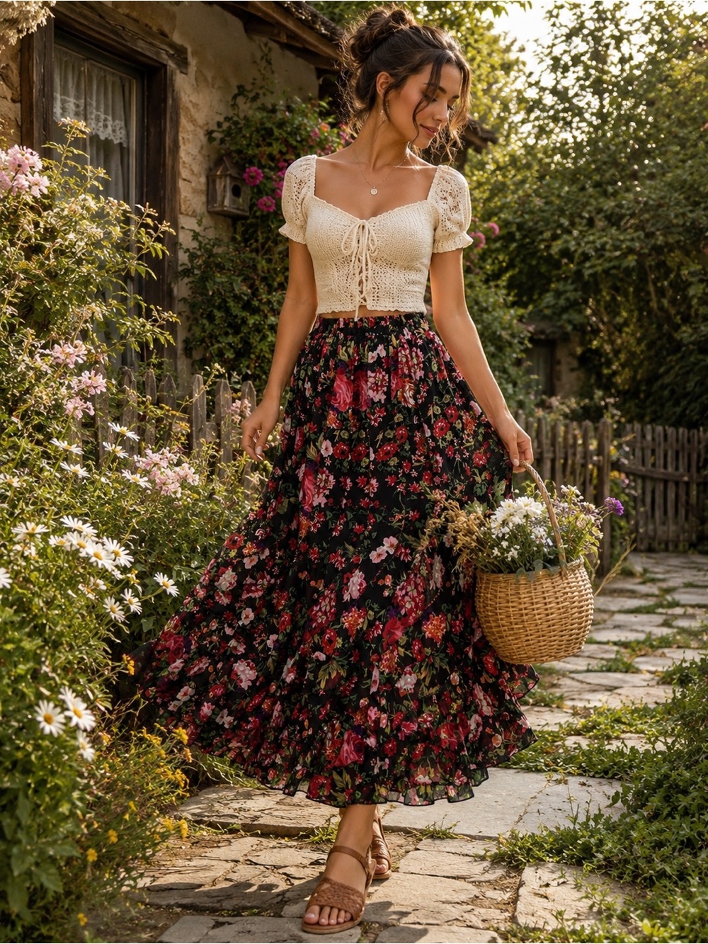 Dimri Floral Tiered Ruffle Maxi Skirt Boho Elastic Waist Size M